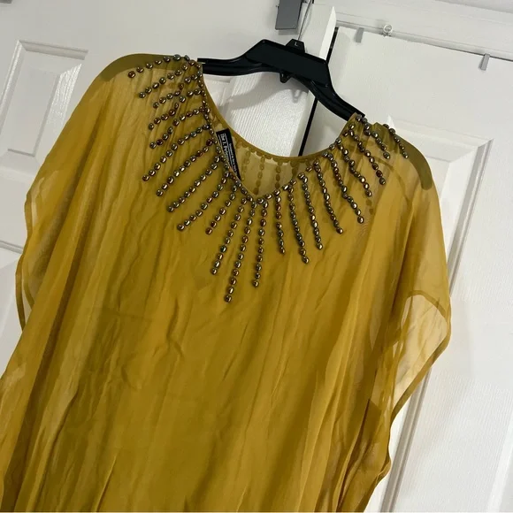J. Peterman Company The Evening Caftan Gown Beaded Maxi Dress MuMu Yellow Gold M - Picture 13 of 16